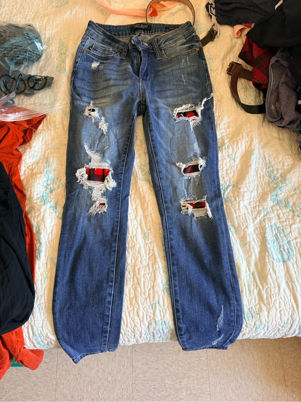 Judy Blue Distressed Blue Boyfriend Jeans with Red Plaid Underlay